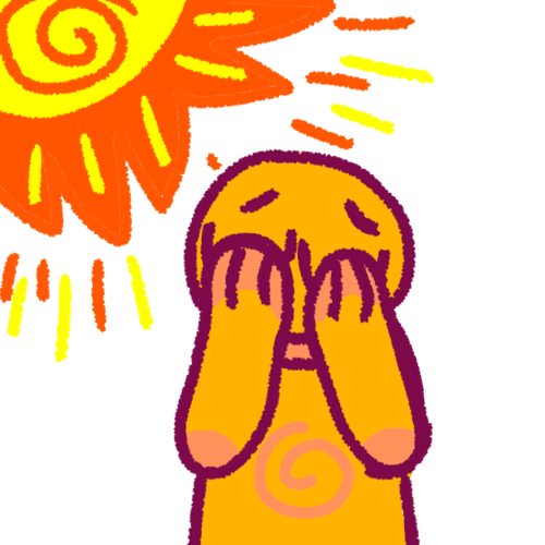 a distressed orange person covering their eyes. On the top right corner is the yellow and orange sun, it's brightness emphasized with orange and yellow rays